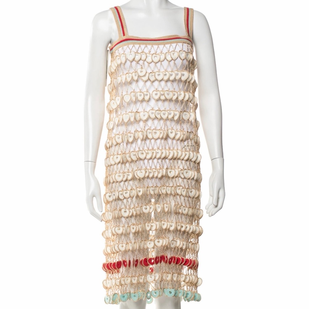 My Beachy Side Crochet Shell Maxi Swim Cover-Up in Cream with Red & Aqua Trim